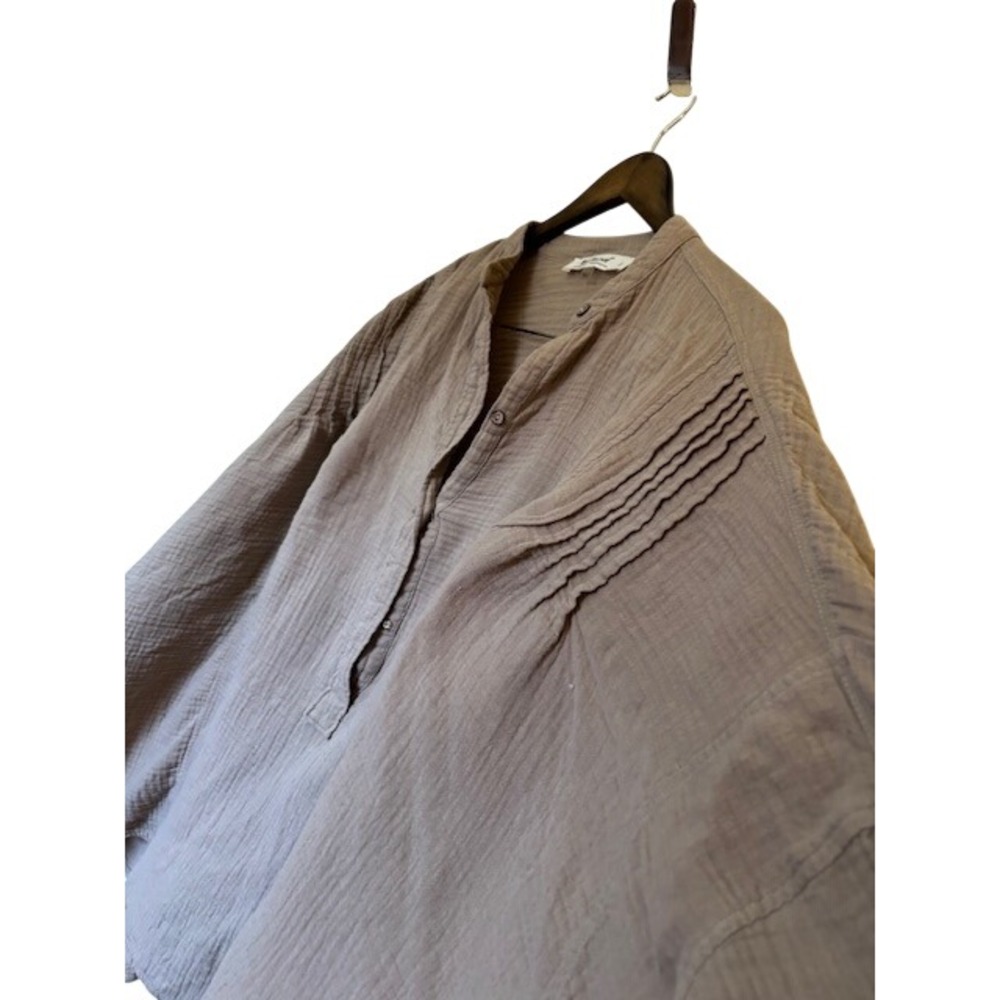 Three Bird Nest Gauze Cotton Tunic Top Taupe Brown Pintuck Oversized Henley L - Picture 4 of 8